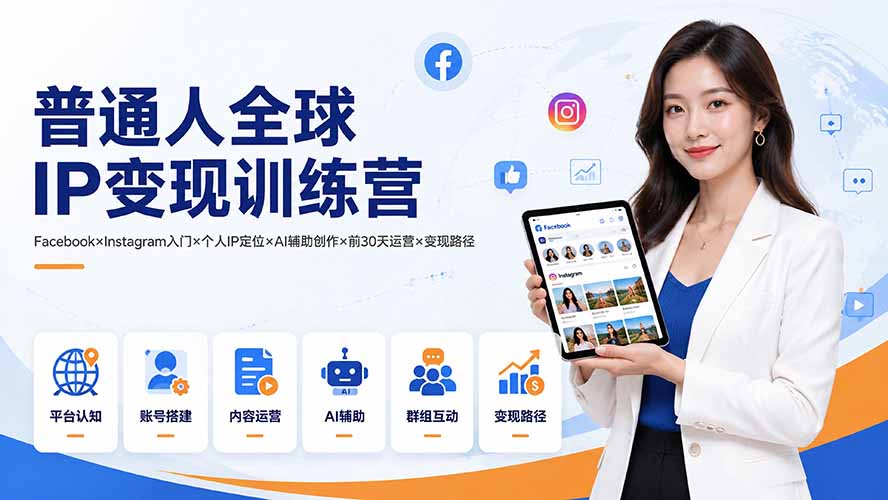 普通人全球IP变现训练营：Facebook×Instagram入门×个人IP定位×AI辅助创作×前30天运营×变现路径-项目汇