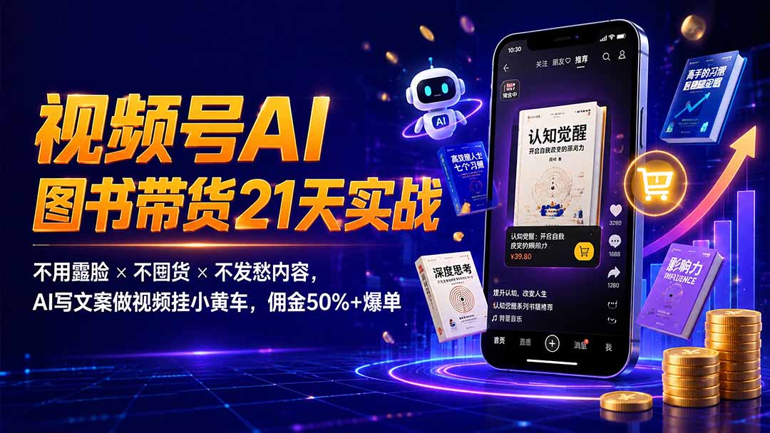 繁花视频号AI图书带货21天实战：不用露脸×不囤货×不发愁内容，AI写文案做视频挂小黄车，佣金50%+爆单-项目汇