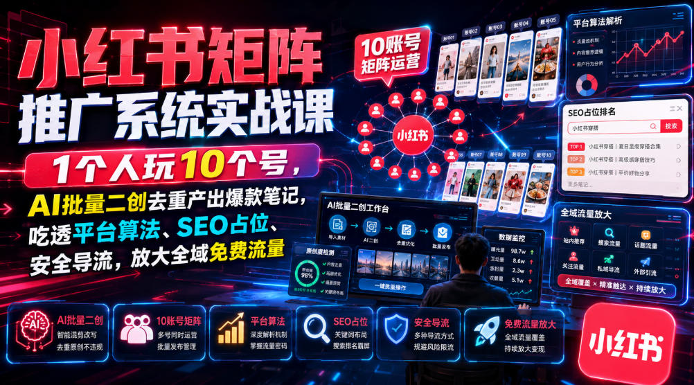 小红书矩阵推广系统实战课|1个人玩10个号,AI批量二创去重产出爆款笔记,吃透平台算法、SEO占位、安全导流,放大全域免费流量-项目汇