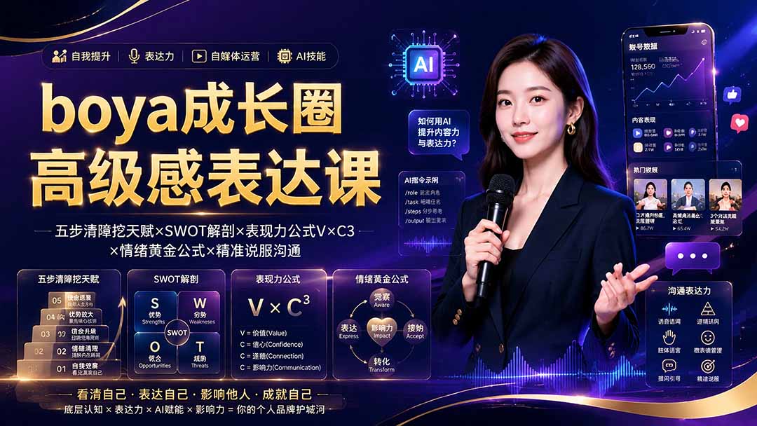 boya成长圈|内心成长高级表达AI自媒体三合一,消解内耗挖掘天赋,镜头沟通AI指令短视频全流程教学-项目汇