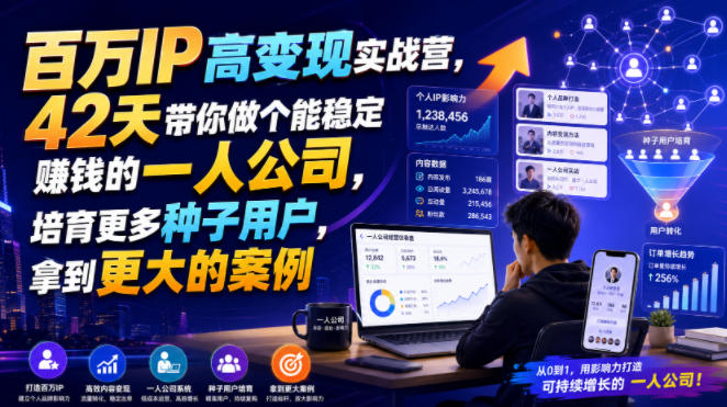 百万IP高变现实战营，42天带你做个能稳定賺钱的一人公司，培育更多种子用户，拿到更大的案例-项目汇