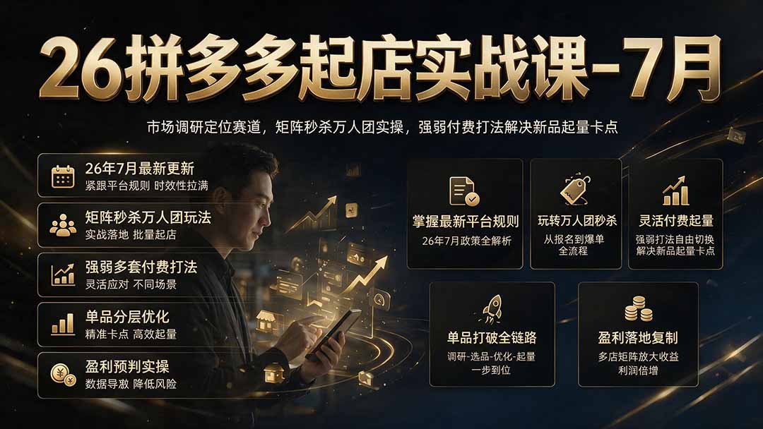 26拼多多起店实战课-7月|市场调研定位赛道,矩阵秒杀万人团实操,强弱付费打法解决新品起量卡点-项目汇