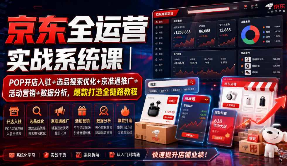 京东全运营实战系统课｜POP开店入驻+选品搜索优化+京准通推广+活动营销+数据分析，爆款打造全链路教程-项目汇