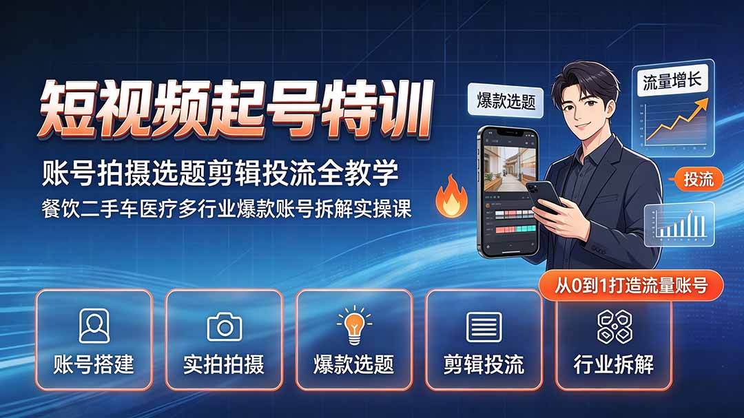 短视频起号特训｜账号拍摄选题剪辑投流全教学，餐饮二手车医疗多行业爆款账号拆解实操课-项目汇