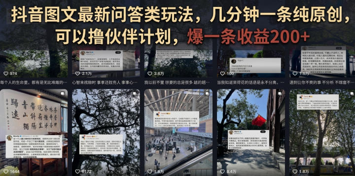抖音图文最新问答类玩法,几分钟一条纯原创,可以撸伙伴计划,爆一条收益200+-项目汇