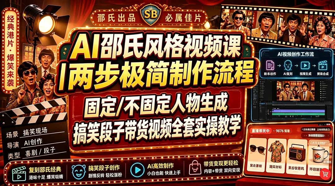 AI邵氏风格视频课｜两步极简制作流程，固定/不固定人物生成，搞笑段子带货视频全套实操教学-项目汇