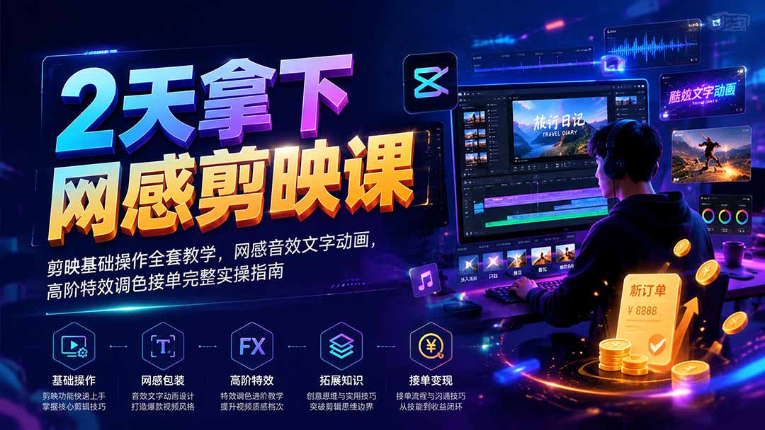 2天拿下网感剪辑课|剪映基础操作全套教学,网感音效文字动画,高阶特效调色接单完整实操指南-项目汇