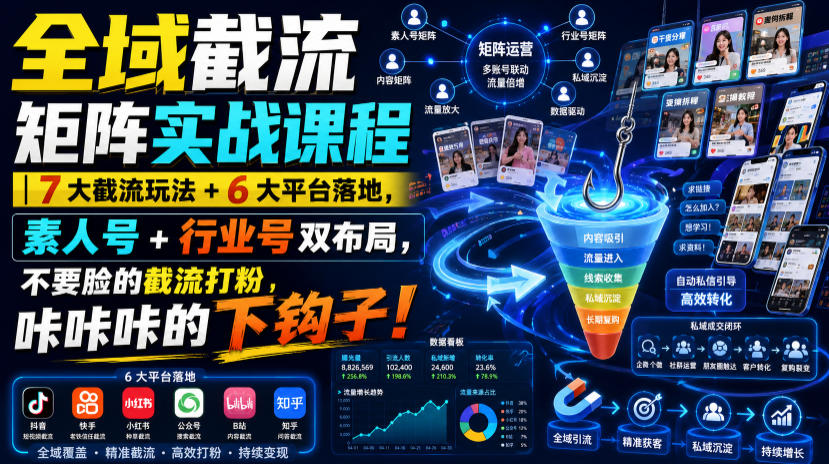 全域截流矩阵实战课程|7大截流玩法+6大平台落地,素人号+行业号双布局,不要脸的截流打粉,咔咔咔的下钩子!-项目汇
