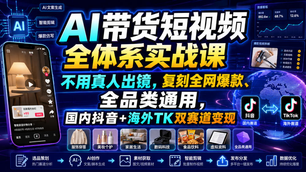 AI带货短视频全体系实战课，不用真人出镜，复刻全网爆款、全品类通用，国内抖音+海外TK双赛道变现-项目汇