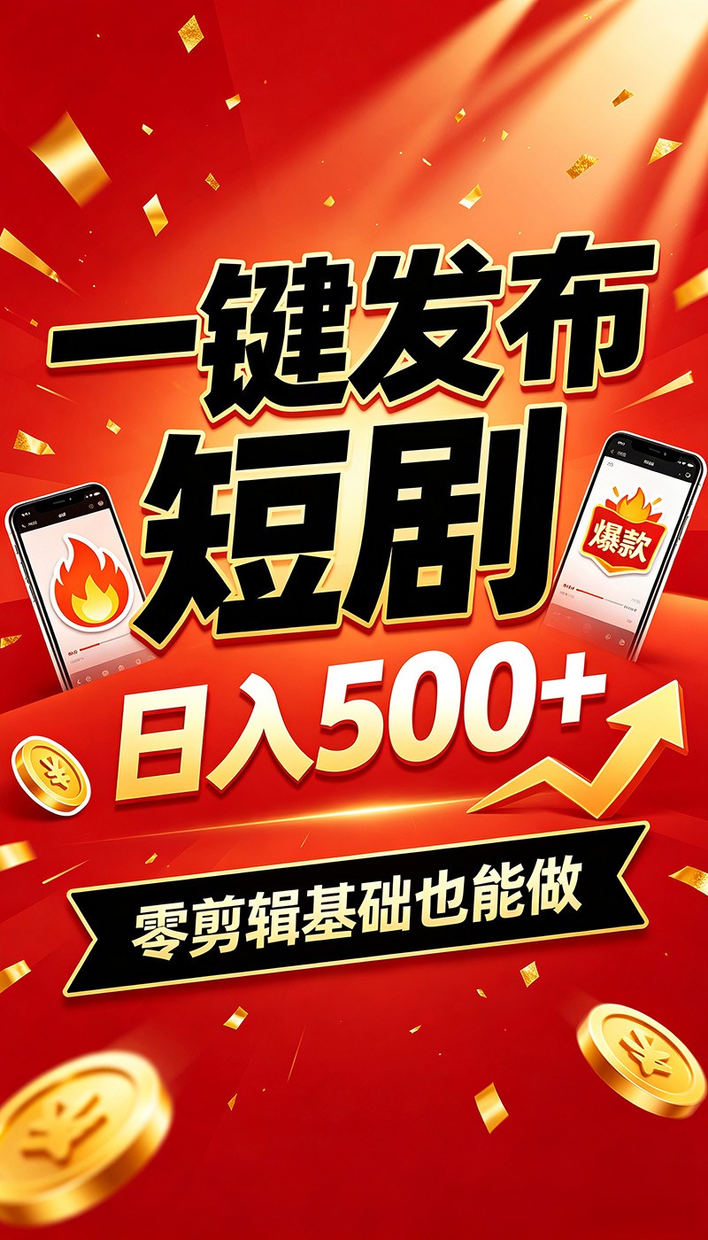 快手短剧一键发布，不用剪辑操作简单，副业日入500+。空闲时间轻松赚收益-项目汇