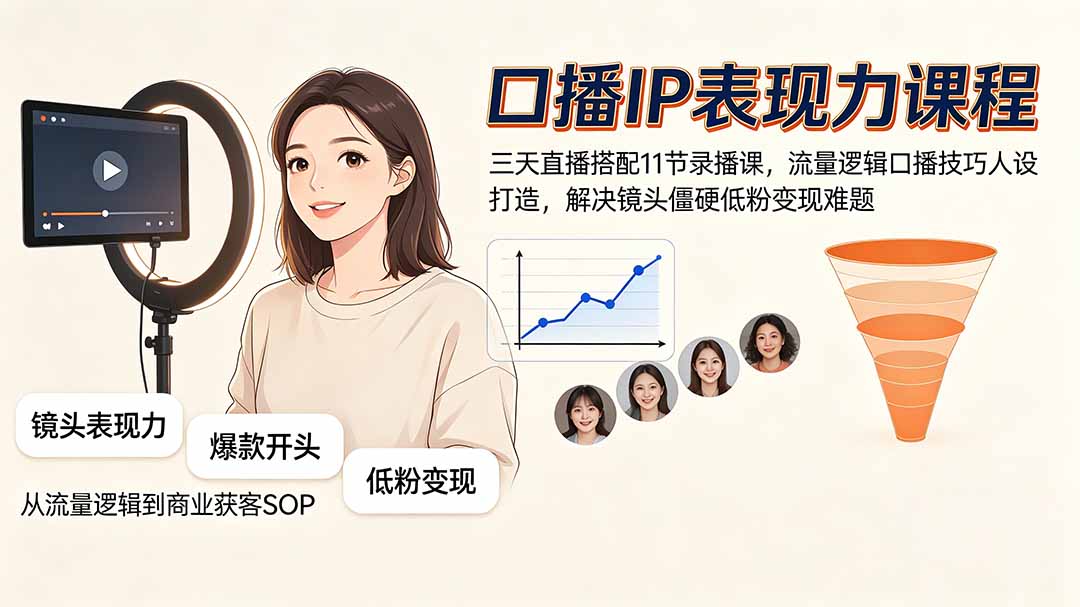 口播IP表现力课程|三天直播搭配11节录播课,流量逻辑口播技巧人设打造,解决镜头僵硬低粉变现难题-项目汇