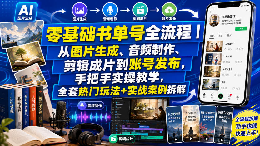 零基础书单号全流程|从图片生成、音频制作、剪辑成片到账号发布,手把手实操教学,全套热门玩法+实战案例拆解-项目汇
