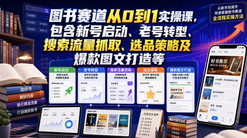 图书赛道从0到1实操课,包含新号启动、老号转型、搜索流量抓取、选品策略及爆款图文打造等-项目汇