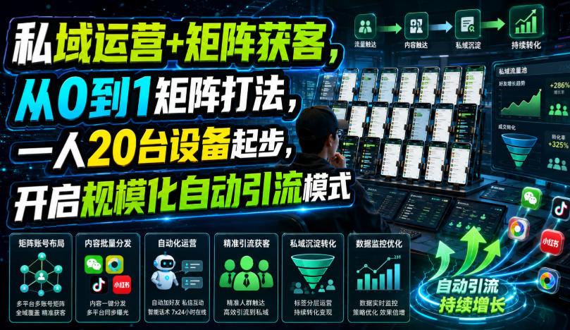 私域运营+矩阵获客,从0到1矩阵打法,一人20台设备起步,开启规模化自动引流模式!-项目汇