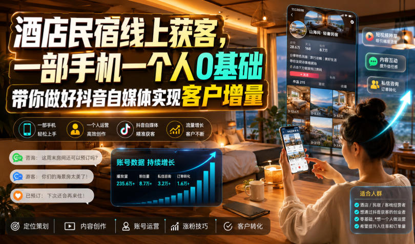 酒店民宿线上获客,一部手机一个人0基础带你做好抖音自媒体实现客户增量-项目汇