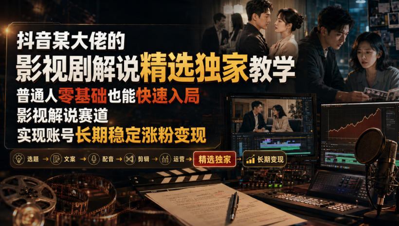 抖音某大佬的影视剧解说精选独家教学,普通人零基础也能快速入局影视解说赛道,实现账号长期稳定变现-项目汇