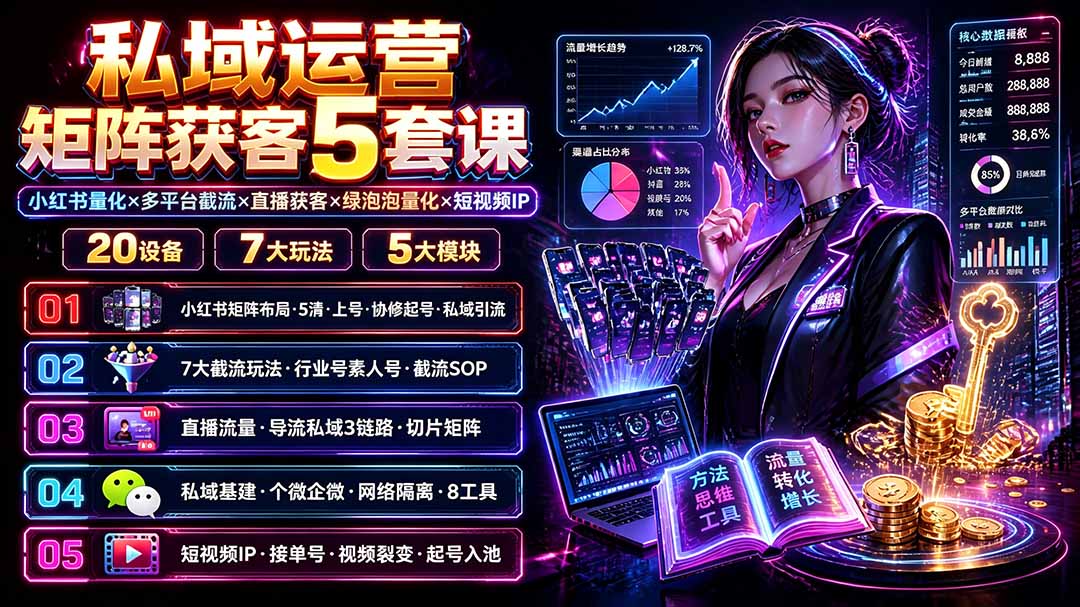 私域运营矩阵获客5套课:小红书量化×多平台截流×直播获客×绿泡泡量化×短视频IP×20设备×7大玩法-项目汇