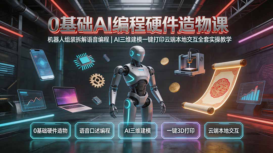 0基础AI编程硬件造物课|机器人组装拆解语音编程,AI三维建模一键打印云端本地交互全套实操教学-项目汇