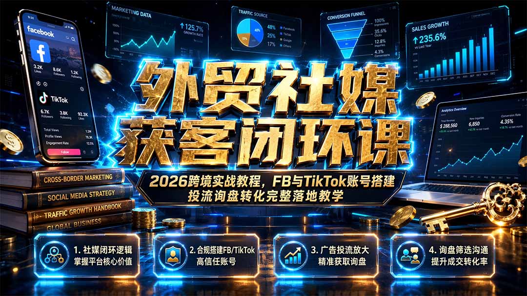 外贸社媒获客闭环课|2026跨境实战教程,FB与TikTok账号搭建投流询盘转化完整落地教学-项目汇