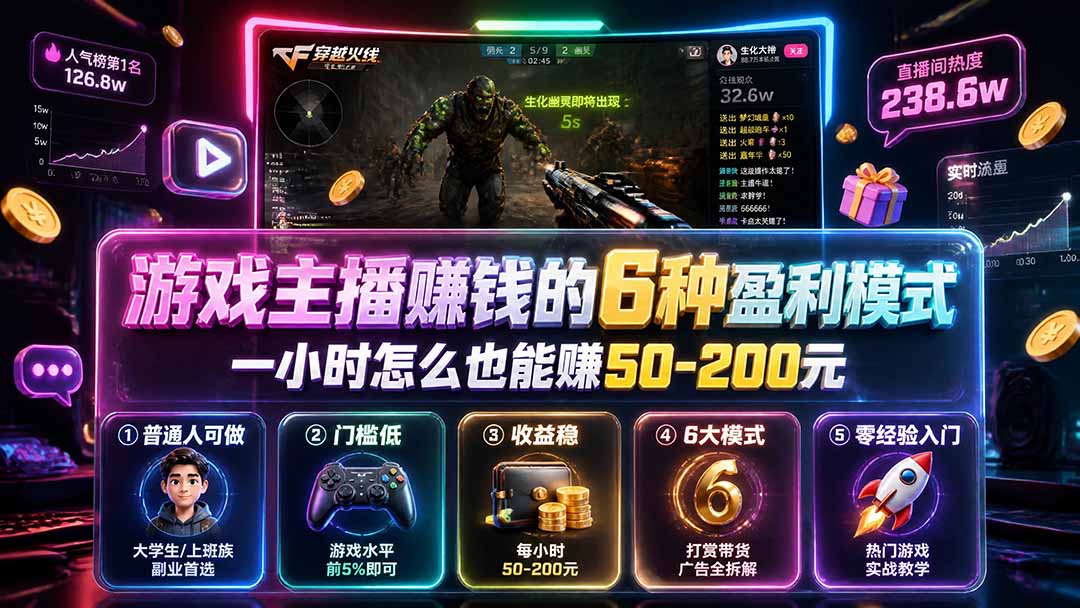 付费文章:游戏主播赚钱的6种盈利模式,一小时怎么也能赚50-200元-项目汇