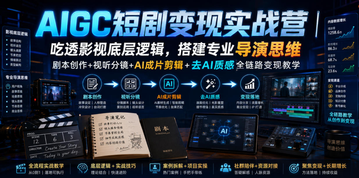 AIGC短剧变现实战营|吃透影视底层逻辑,搭建专业导演思维,剧本创作+视听分镜+AI成片剪辑+去AI质感全链路变现教学-项目汇