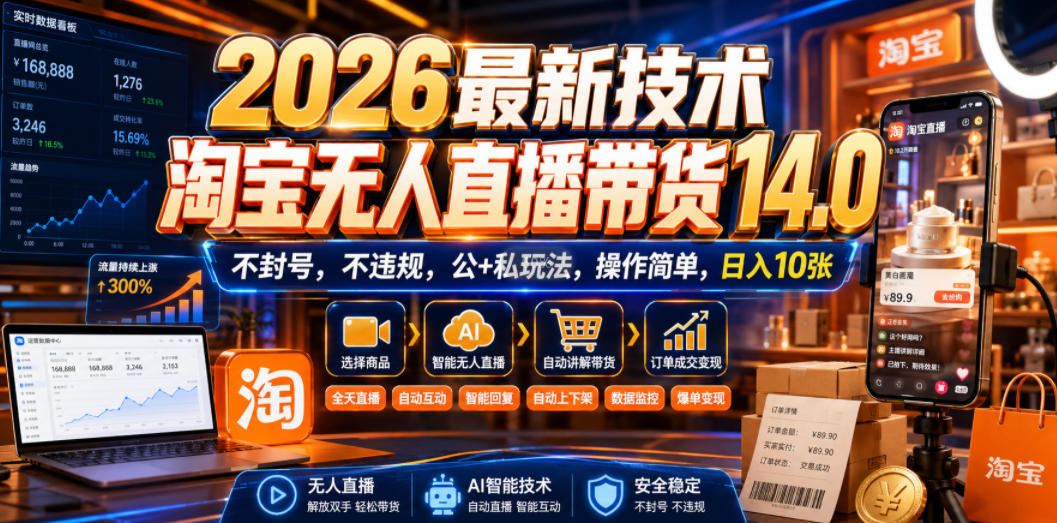 2026最新技术,淘宝无人直播带货14.0,不封号,不违规,公+私玩法,操作简单,日入10张【揭秘】-项目汇