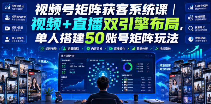 视频号矩阵获客系统课|视频+直播双引擎布局,单人搭建50账号矩阵玩法,流量入池、搜索占位、全域引流沉淀私域全流程教学-项目汇