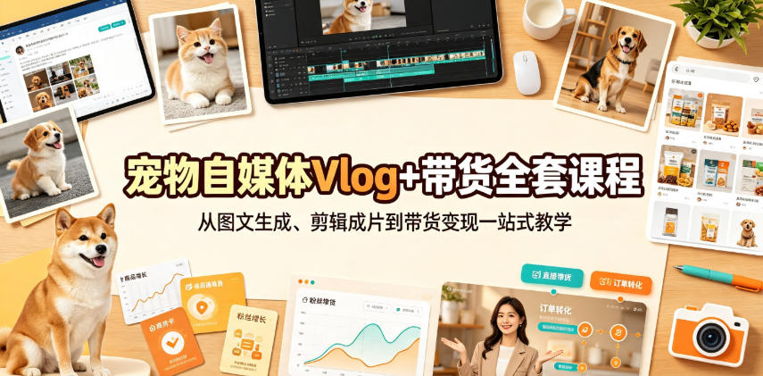 宠物自媒体Vlog+带货全套课程|从图文生成、剪辑成片到带货变现一站式教学-项目汇