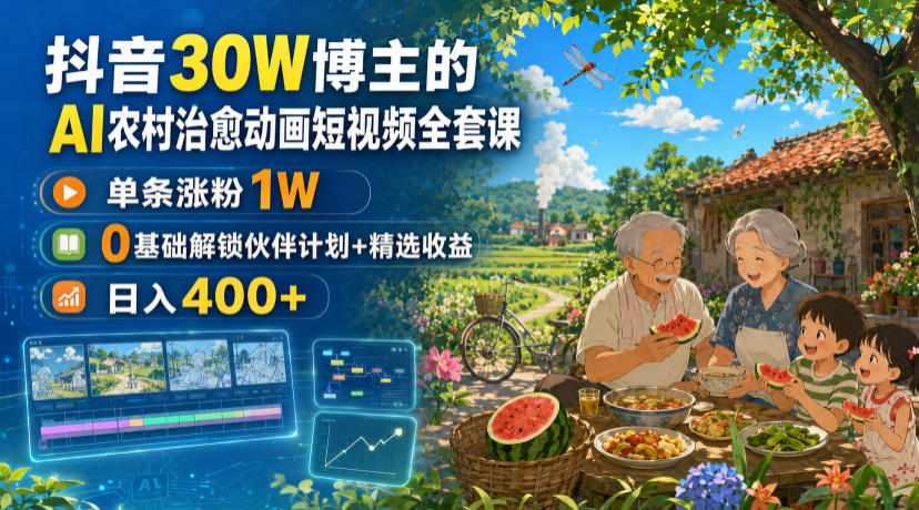 抖音30W博主的AI农村治愈动画短视频全套课|单条涨粉1W,0基础解锁伙伴计划+精选收益,日入400+-项目汇