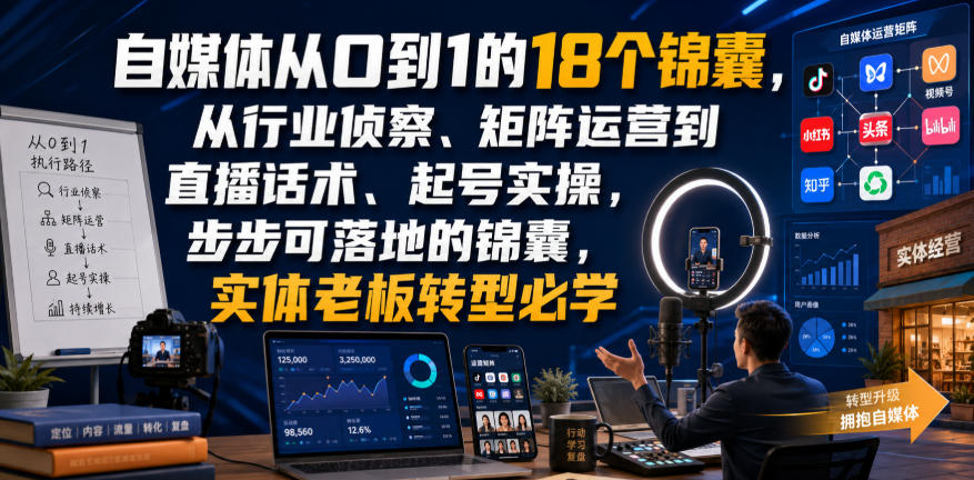 自媒体从0到1的18个锦囊,从行业侦察、矩阵运营到直播话术、起号实操,步步可落地的锦囊,实体老板转型必学-项目汇