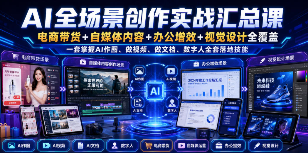 AI全场景创作实战汇总课|电商带货+自媒体内容+办公增效+视觉设计全覆盖,一套掌握AI作图、做视频、做文档、数字人全套落地技能-项目汇