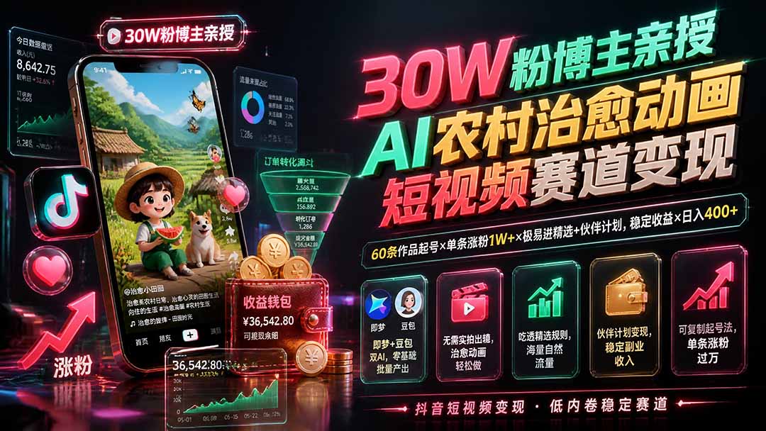 30W粉博主亲授AI农村治愈动画短视频赛道变现:60条作品起号×单条涨粉1W+×极易进精选+伙伴计划,稳定收益×日入400+-项目汇