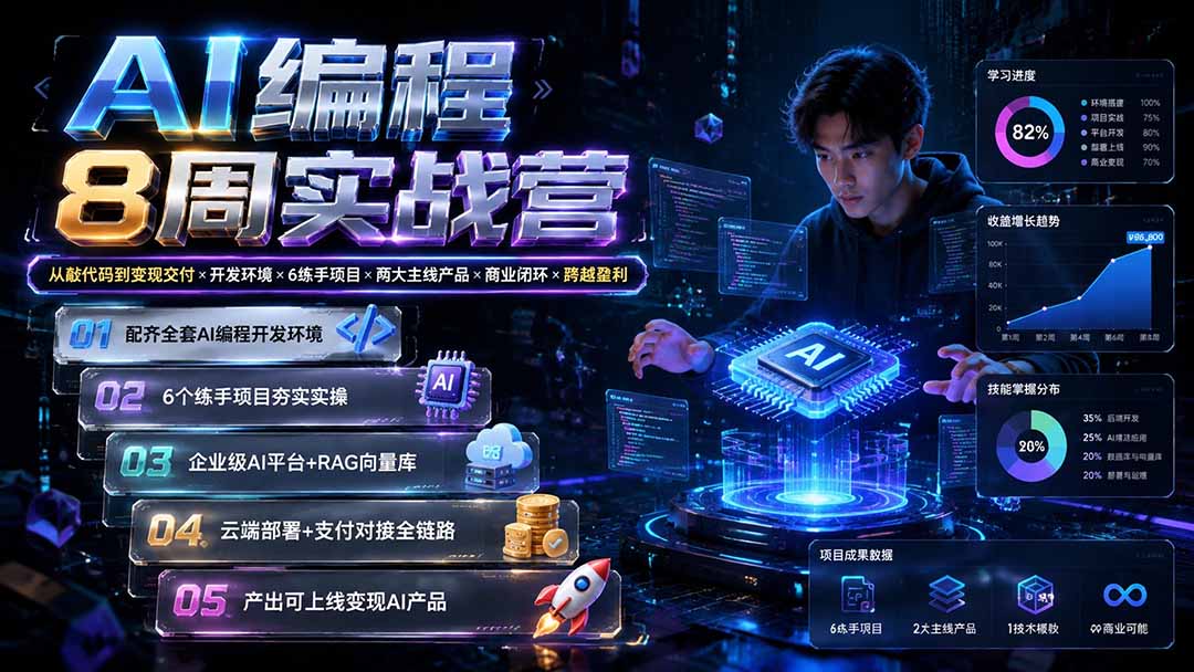 AI编程8周实战营：从敲代码到变现交付×开发环境×6练手项目×两大主线产品×商业闭环×跨越盈利-项目汇