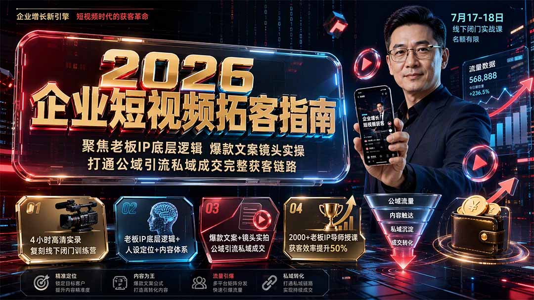 2026企业短视频拓客指南:聚焦老板IP底层逻辑,爆款文案镜头实操,打通公域引流私域成交完整获客链路-项目汇