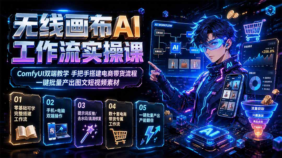 无线画布AI工作流实操课｜ComfyUI双端教学，手把手搭建电商带货流程，一键批量产出图文短视频素材-项目汇