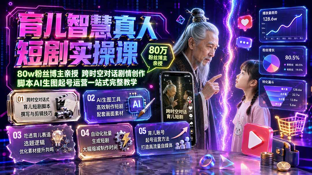 育儿智慧真人短剧实操课｜80w粉丝博主亲授，跨时空对话剧情创作，脚本AI生图起号运营一站式完整教学-项目汇
