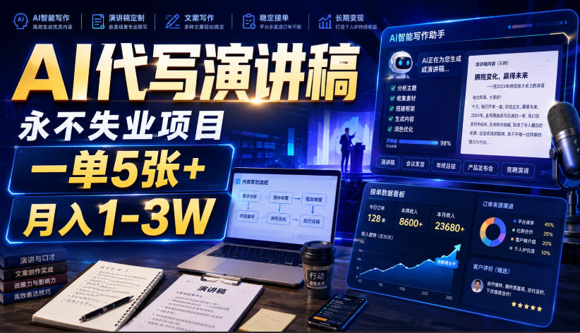 AI代写演讲稿,永不失业项目,一单5张+,月入1-3W【揭秘】-项目汇