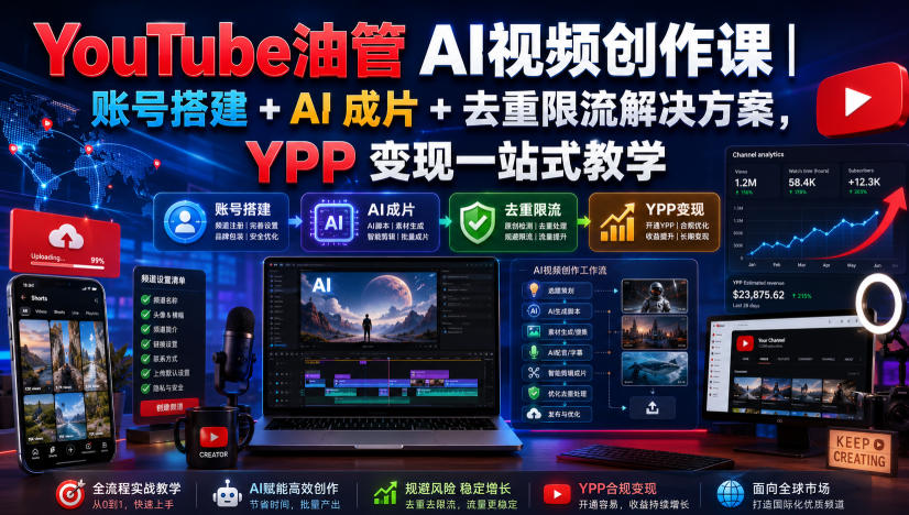 YouTube油管AI视频创作课｜账号搭建+AI成片+去重限流解决方案，YPP变现一站式教学-项目汇
