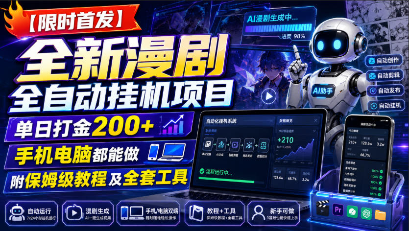【限时首发】全新漫剧全自动挂G项目,单日打金200+,手机电脑都能做,附保姆级教程及全套工具【揭秘】-项目汇