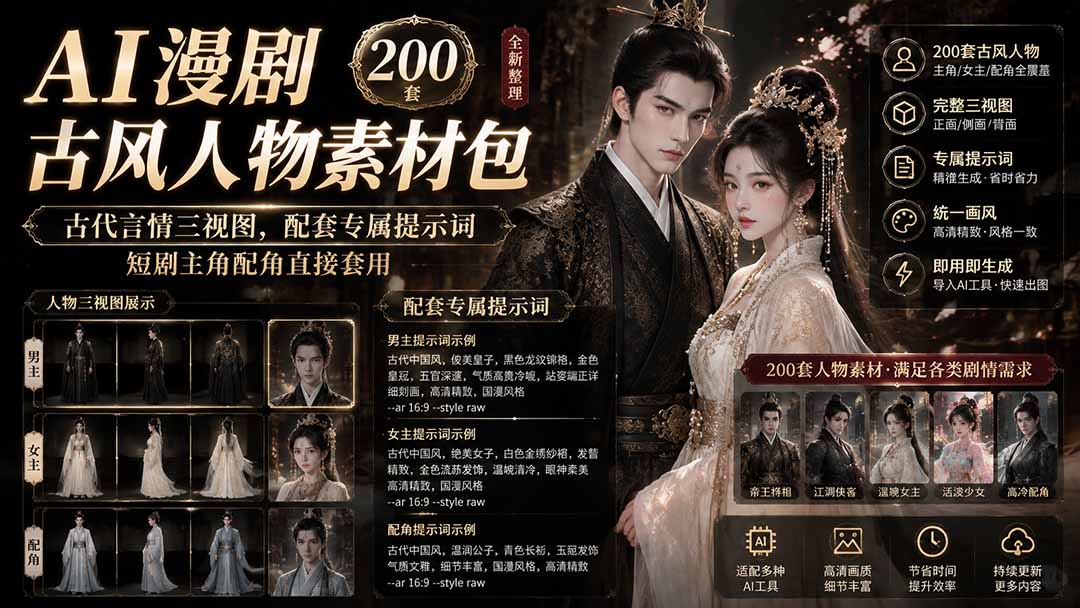 AI漫剧古风人物素材包+提示词｜200 套古代言情三视图，配套专属提示词短剧主角配角直接套用-项目汇
