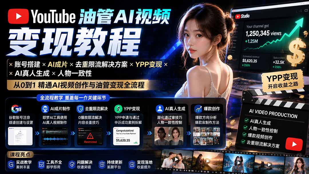 YouTube油管AI视频变现教程:账号搭建×AI成片×去重限流解决方案×YPP变现×AI真人生成×人物一致性-项目汇