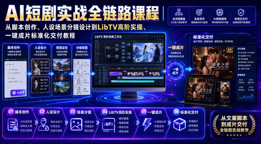 AI短剧实战全链路课程|从脚本创作、人设场景分镜设计到LibTV高阶实操、一键成片标准化交付教程-项目汇