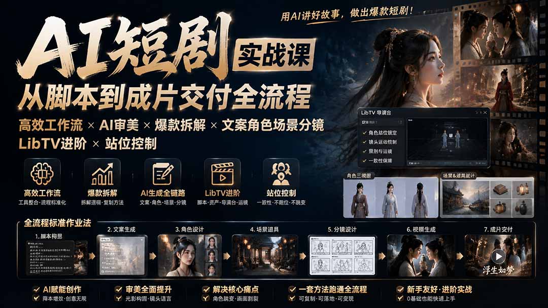 AI短剧实战课:高效工作流×AI审美×爆款拆解×文案角色场景分镜×LibTV进阶×站位控制×从脚本到成片交付全流程-项目汇