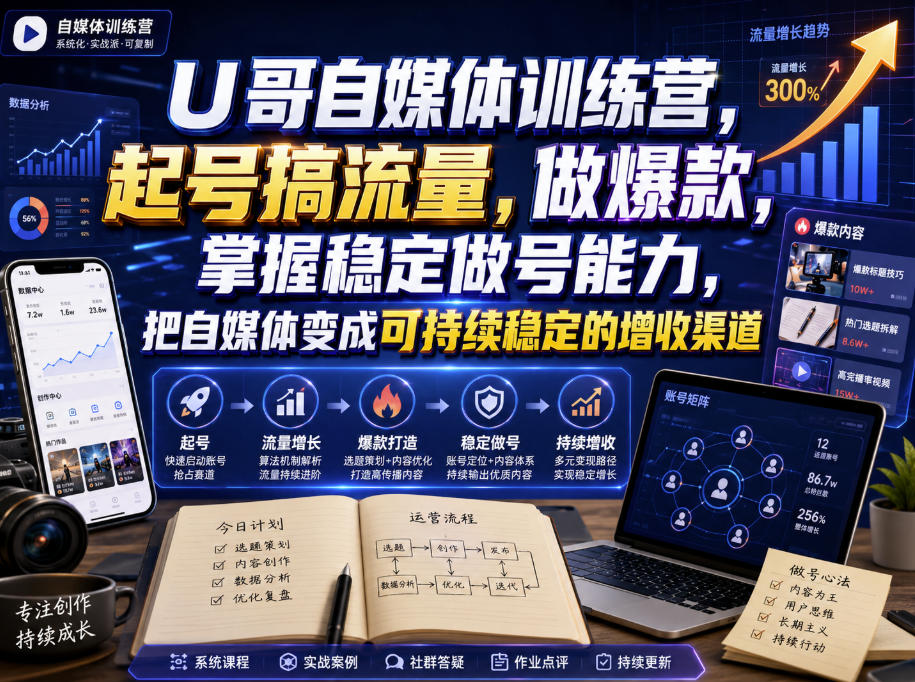U哥自媒体训练营,起号搞流量,做爆款,掌握稳定做号能力,把自媒体变成可持续稳定的增收渠道-项目汇