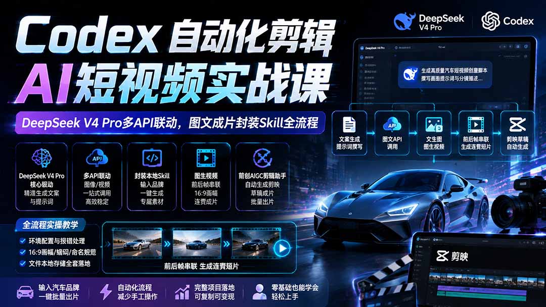Codex自动化剪辑AI短视频实战课|DeepSeek V4 Pro多API联动,图文成片封装Skill全流程-项目汇