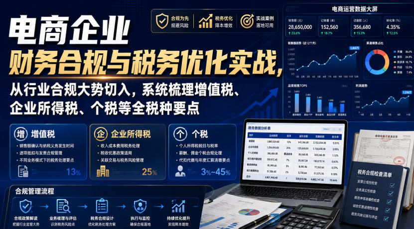 电商企业财务合规与税务优化实战,从行业合规大势切入,系统梳理增值税、企业所得税、个税等全税种要点-项目汇