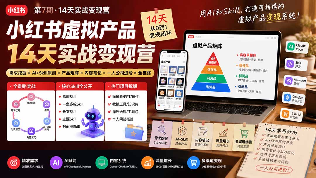 小红书虚拟产品14天实战变现营-第7期:需求挖掘×AI+Skill原创×产品矩阵×内容笔记×一人公司进阶×全链路-项目汇