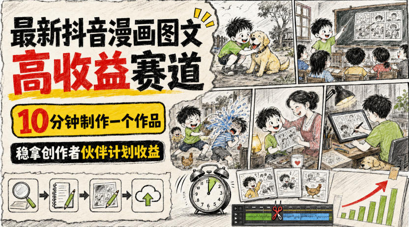 最新抖音漫画图文高收益赛道,10分钟制作一个作品,稳拿创作者伙伴计划收益-项目汇
