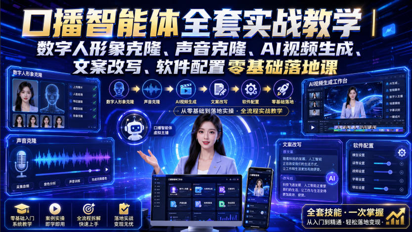 口播智能体全套实战教学|数字人形象克隆、声音克隆、AI视频生成、文案改写、软件配置零基础落地课-项目汇