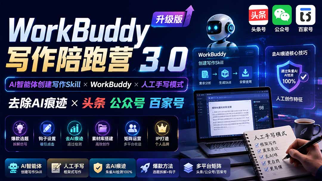 WorkBuddy写作陪跑营3.0-更新:Ai智能体创建写作Skill×WorkBuddy×人工手写模式×去除AI痕迹×头条公众号百家号-项目汇